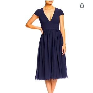 Dress the Population Dress Midi Corey V-Neck Fit and Flare Midnight Blue Large